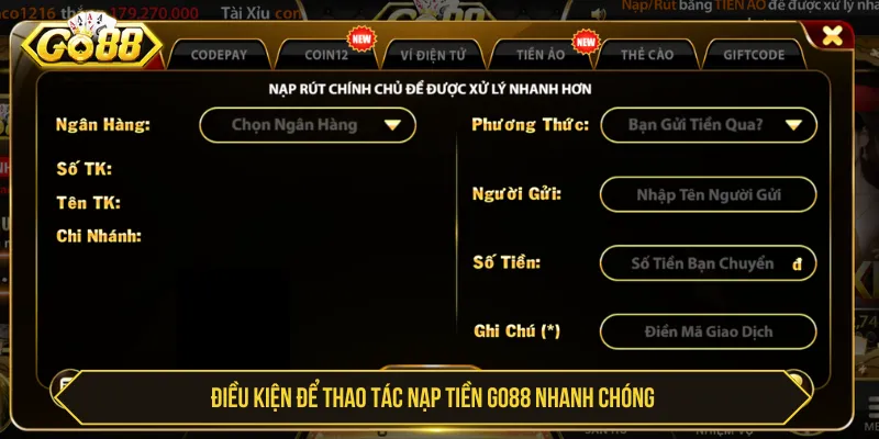 Nạp Tiền GO88 Nhanh Chóng - Cách Thực Hiện Và Lưu Ý Nạp tiền GO88 nhanh chóng cần kiểm tra điều kiện giao dịch